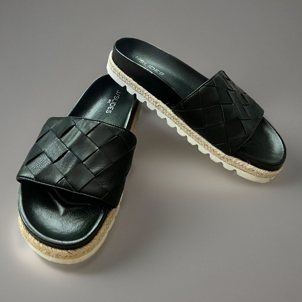 J/Slides Rollie Black Espadrille Woven Leather Platform Slide Sandals Wom Sz 9